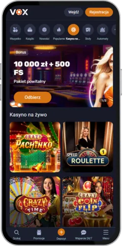 Vox Casino — widok interfejsu mobilnego